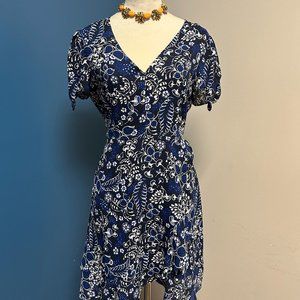 J. Crew Black Blue & White Floral Short Sleeve V Neck Faux Wrap Dress